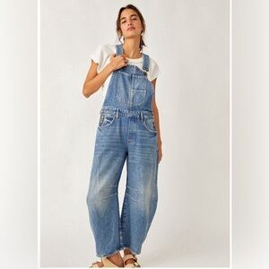 We The Free FP Lucky You Barrel Leg Denim Overalls Size M Blue women’s